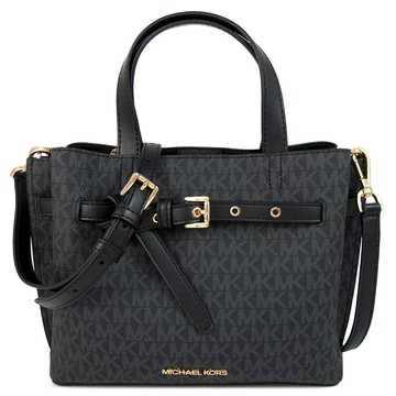 MICHAEL KORS EMILIA 金字LOGO黑色防刮滿版皮革環扣配飾兩用包(小)