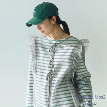 【Samansa Mos2 blue】2WAY正反兩穿透明感荷葉造型綁帶上衣