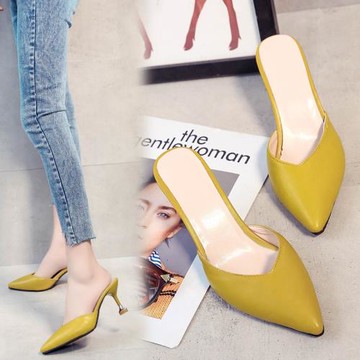 尖頭拖鞋女外穿春夏包頭試衣鞋高跟鞋半拖鞋細跟防滑涼拖中跟女鞋