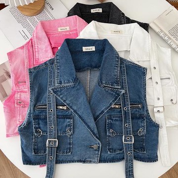 設計感個性時尚西裝領雙口袋工裝牛仔無袖背心馬甲短款外套上衣女