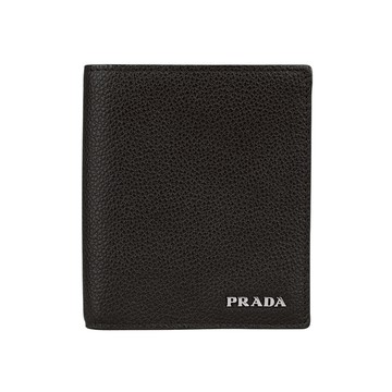[平輸]PRADA 銀字Logo 粒紋皮革短版對開8卡短夾(黑色)