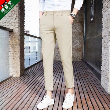 夏季九分休閑褲男士韓版修身小腳褲潮流男裝痞帥西褲卡其色男褲子