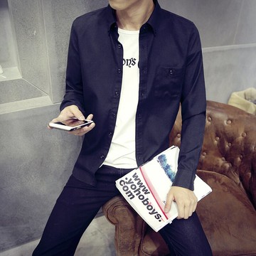 夏季襯衫長袖純棉男士青少年打底純色修身襯衣大學生韓版外套春薄