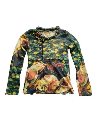 Vintage 綠色印花網紗 長袖上衣