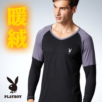 【PLAYBOY】鵝絨雙色彈性V領長袖衣-黑身灰袖