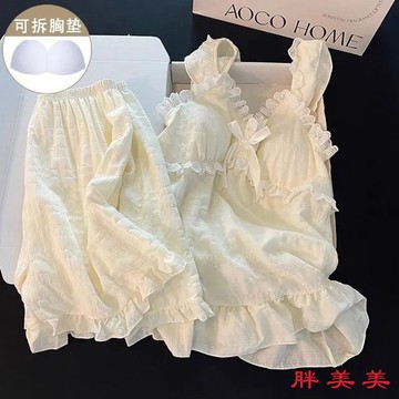 【M-5XL大尺碼】大尺碼女裝 大碼睡裙 睡衣 睡衣女 連體衣 大碼300斤甜美睡衣夏季新款性感胸墊花邊睡裙吊帶公主家居