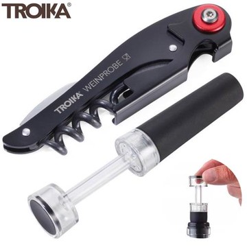 德國TROIKA多功能調酒師不鏽鋼小刀兼螺旋開瓶器和瓶封組WST01/BK(海馬刀+瓶塞;折疊式)WINE SET WEINPROBE