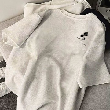 潮牌夏季新款重磅男女新款虛影玫瑰小標印花通勤款ins風短袖上衣