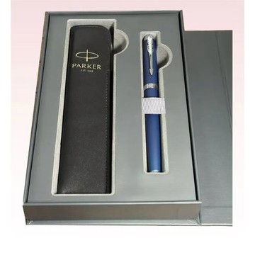PARKER 派克 IM寶藍白夾鋼珠筆 真皮筆套禮盒 可刻字