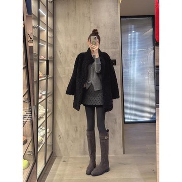 混凝草絨面騎士靴女不掉筒粗跟高筒加絨保暖秋冬平底不過膝長靴子