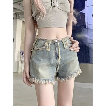 設計感做舊毛邊牛仔褲女2025秋季新款美式顯瘦高腰包臀直筒短褲子