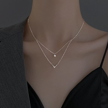 925純銀雙層項鏈女2021年新款潮V輕奢氣質鎖骨鏈2022年夏飾品頸鏈