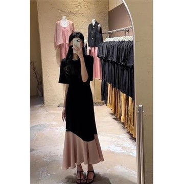 女裝法式夏季新款黑色緞面連衣裙
