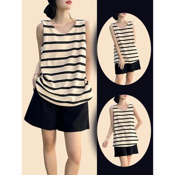 背心睡衣女夏季純棉薄款條紋無袖坎肩短褲性感帶胸墊家居服兩件套