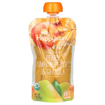 Happy Family Organics, Happy Baby®，有機嬰兒食品，6 個月以上，梨、南瓜、桃子和格蘭諾拉麥片，4 盎司（113 克）