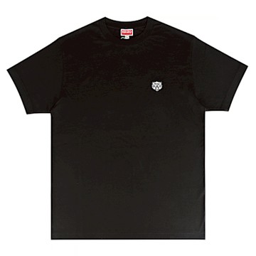 KENZO Happy Tiger黑白老虎頭小LOGO刺繡布章棉質短袖T恤(男款/黑)