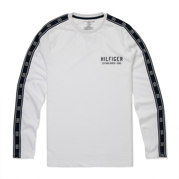 Tommy Hilfiger 熱銷印刷手臂滾邊文字圖案長袖T恤-白色