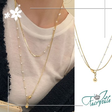 【伊飾童話】珍珠圓牌＊雙層疊戴設計長鍊/金