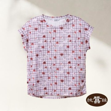 【岱妮蠶絲】透氣蠶絲厚鳳眼女脇邊活折圓領連袖上衣-YWL3BE09BR(錦格藏花-淺粉)