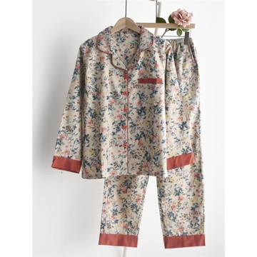 撞色碎花印花睡衣女士春秋夏季純棉棉布薄款寬松長袖家居服套裝