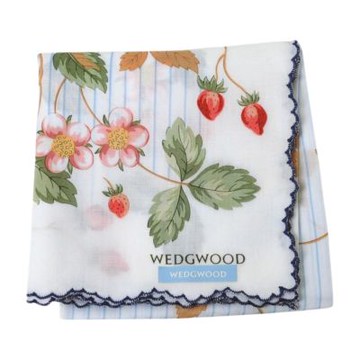 WEDGWOOD  藍紋草莓花卉荷葉邊字母LOGO圖騰帕領巾(米白系/50CM)