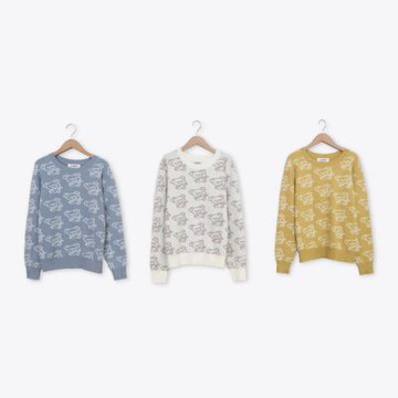 【CUMAR】滿版小熊緹花針織上衣 藍 杏 黃(魅力商品)