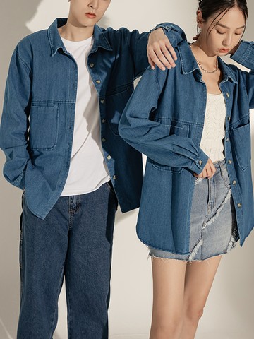 男女共穿．造型口袋前短後長純棉牛仔襯衫