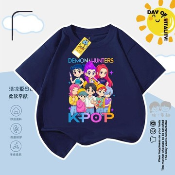 兒童冰絲短袖上衣KPop女童獵魔女團兒童印花短袖T恤外穿卡通圓領上衣兒童