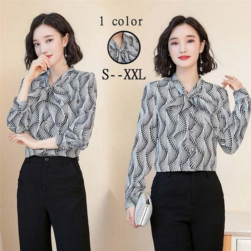シャツ シフォン ブラウス レディース 花柄 リボン ボウタイ 韓国風 ビジネス 通勤 Ol 長袖 ファッション エレガント 着回し トレンド ママ 大人 30代40代 通販 Lineポイント最大get Lineショッピング