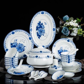 一套碗盤套裝景德鎮陶瓷56頭青花餐具陶瓷餐具碗碟盤子喬遷結廠家
