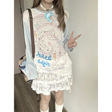 HAPIPP 可愛卡通印花撞色拼接長袖T恤女秋季寬松慵懶風罩衫上衣