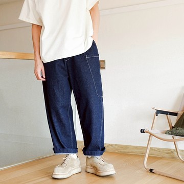 Easy Denim Pants 松緊腰上寬下窄牛仔抽繩寬腿褲