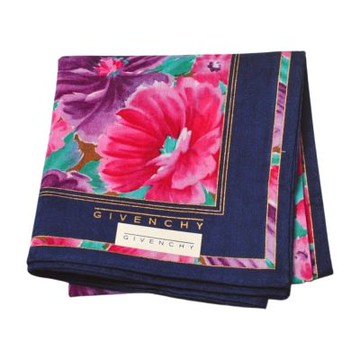 GIVENCHY 優雅浮水印紋法式奢華紫紅花卉字母LOGO帕領巾(深藍系/49CM)