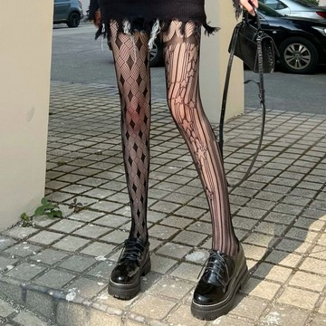【臺灣有貨】網紅不對稱絲襪女ins性感黑色條紋漁網襪菱形幾何圖案打底連褲襪