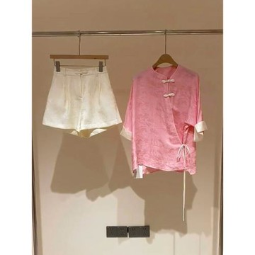 新中式兩件套裝女夏季2025年新款洋氣設計感小眾粉色短袖襯衫短褲