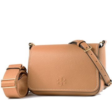 TORY BURCH THEA 荔枝紋雙背帶翻蓋斜背包-棕色