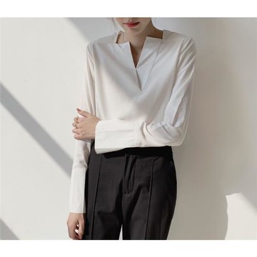 JANE 設計感小眾v領長袖白襯衫女2025秋款氣質通勤職業ol襯衣上衣