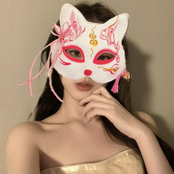 狐狸麵具 神明少女狐狸花臉麵罩 古風國風彩繪 舞會酒吧半臉裝扮麵具