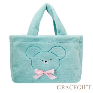 【Grace Gift】Wasabi Bear-芥末熊格紋絨毛電繡手提肩背托特包 藍綠