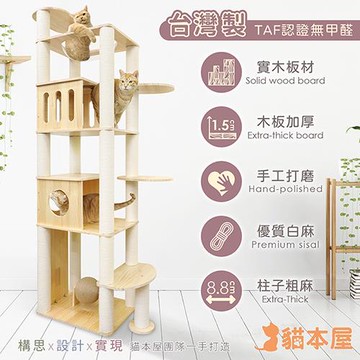貓本屋 台灣製 豪華款 橢圓太空艙/加大雙貓屋 加粗白麻柱 實木貓跳台(附劍麻抓板/球)