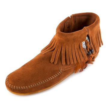 MINNETONKA 女 莫卡辛 紅棕色 麂皮 流蘇羽毛 側邊拉鍊 素面平底 休閒舒適 踝靴 短靴 522