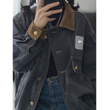 焦邁奇同款復古做舊水洗燈芯絨拼接春秋新款oversize牛仔外套男女