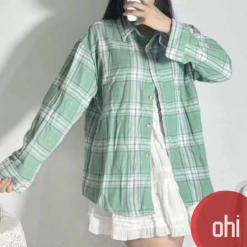 【ohi】綠色純棉格子襯衫 寬鬆顯瘦襯衣外套 長袖襯衫 學院風襯衫女 女生襯衫 襯衣 襯衫 上衣 女裝 GSNA97