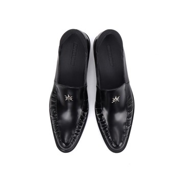 notdetailed原創 一腳蹬樂福鞋 黑色褶皺小皮鞋 通勤粗跟百搭女鞋