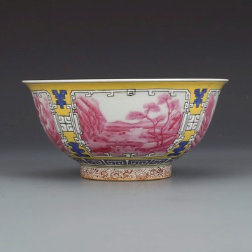 大清乾隆胭脂紅開窗山水碗 仿古瓷器古董古玩舊貨收藏真品