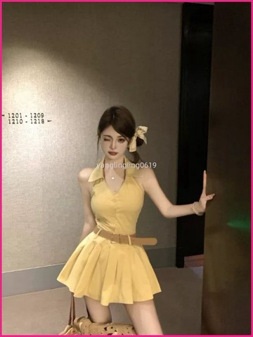 法式氣質純欲風辣妹掛脖修身無袖吊帶洋裝高腰A字背心短... QSYA
