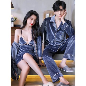 樂姿夢金絲絨情侶睡衣女秋冬季薄絨款吊帶睡裙睡袍男士長袖家居服