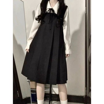 夏日套裝女 日系學院風揹帶洋裝 學院風 韓系寬鬆中長款百搭背心裙子單件套裝 清新甜美
