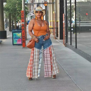 GT9179歐美女裝休閑闊腿褲拼接牛仔褲跨境亞馬遜貨源可代發