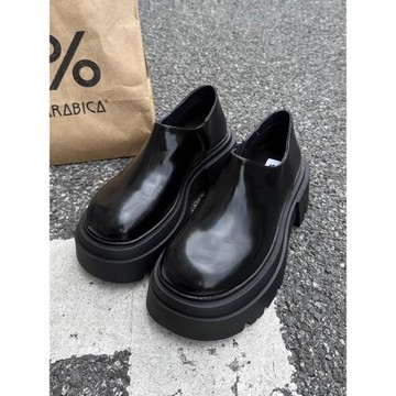 復古真皮單鞋2024秋季新款圓頭厚底粗跟一腳蹬大頭英倫風樂福鞋女